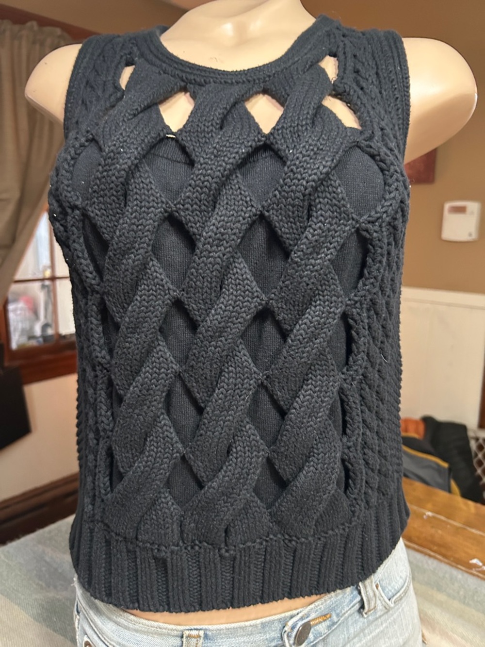 Timo Weiland Black Sleeveless Knit Lattice Front Tank Sweater - Cotton - Med